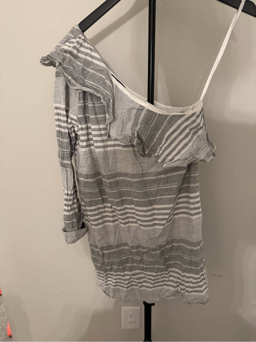 fab'rik Gray and White Striped One-Shoulder Ruffle Dress